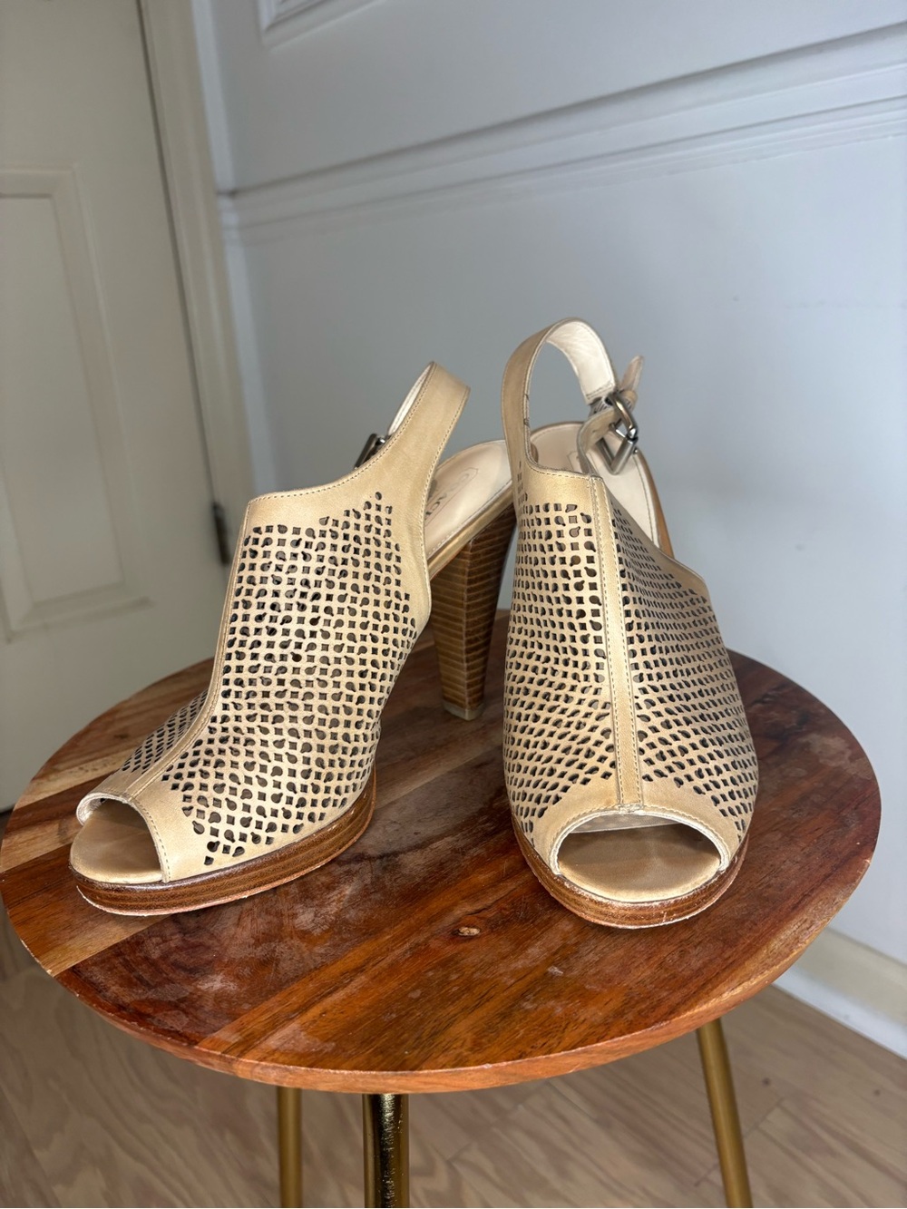 Coach Beige Perforated Peep-Toe Slingback Heels